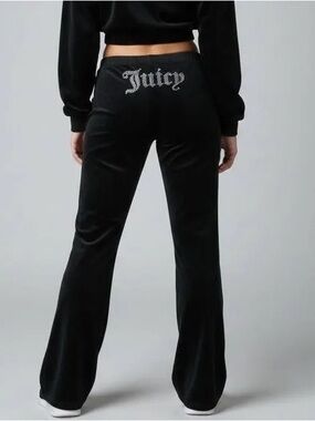 Juicy Couture Black Velour Rhinestone Juicy Bootcut Pants Large Y2K
